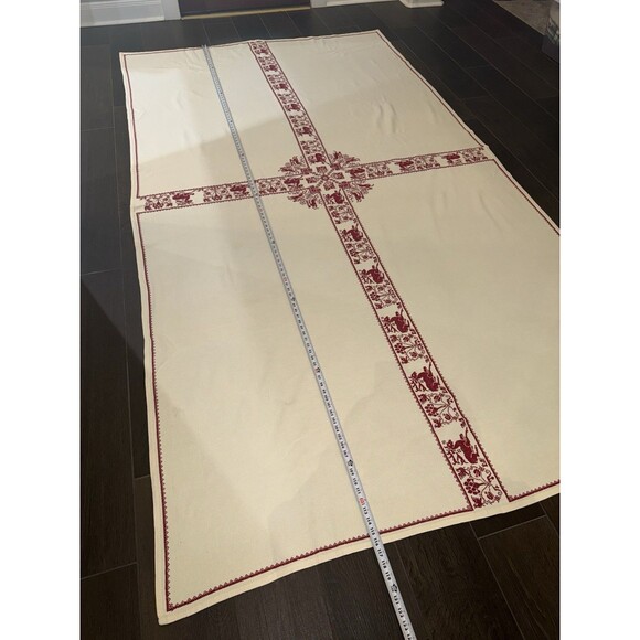 Vintage Christmas Tablecloth Nordic Red Cross Stitch 116x65” Cream Holiday Folk - Picture 11 of 16